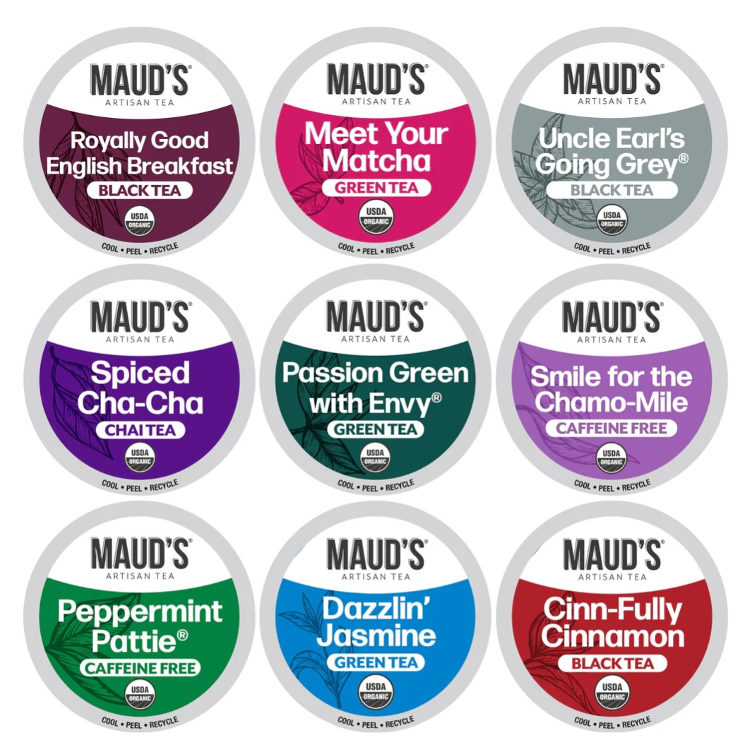 Nine Maud's Artisan Tea varieties: Royally Good English Breakfast, Meet Your Matcha, Uncle Earl's Going Grey, Spiced Cha-Cha, Passion Green with Envy, Smile for the Chamo-Mile, Peppermint Pattie, Dazzlin’ Jasmine, Cinn-Fully Cinnamon. USDA Organic.