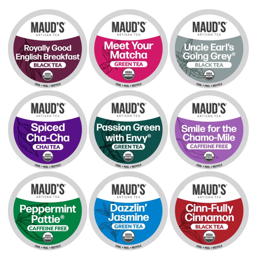 Nine Maud's Artisan Tea varieties: Royally Good English Breakfast, Meet Your Matcha, Uncle Earl's Going Grey, Spiced Cha-Cha, Passion Green with Envy, Smile for the Chamo-Mile, Peppermint Pattie, Dazzlin’ Jasmine, Cinn-Fully Cinnamon. USDA Organic.