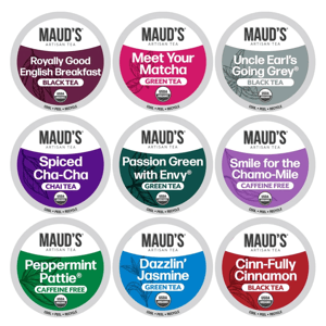 Nine Maud's Artisan Tea varieties: Royally Good English Breakfast, Meet Your Matcha, Uncle Earl's Going Grey, Spiced Cha-Cha, Passion Green with Envy, Smile for the Chamo-Mile, Peppermint Pattie, Dazzlin’ Jasmine, Cinn-Fully Cinnamon. USDA Organic.