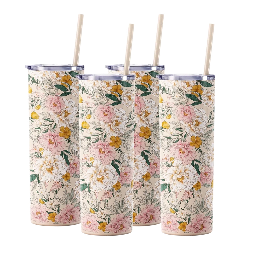 Set of four tall tumblers with floral designs featuring pink, yellow, and white flowers, each with a straw and clear lid.