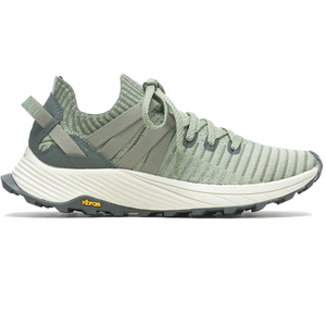 A light green sneaker with a ribbed knit upper, thick white midsole, and Vibram outsole.