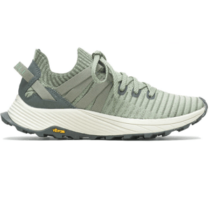 A light green sneaker with a ribbed knit upper, thick white midsole, and Vibram outsole.