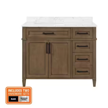 Brown bathroom vanity with a marble countertop, featuring multiple drawers and cabinet doors. Includes two hardware sets in black and brushed nickel finishes.