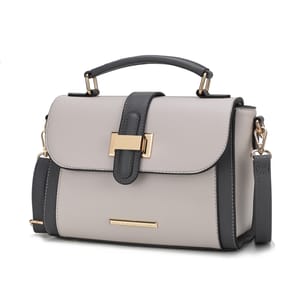 A structured handbag with a gray body and black accents, featuring a top handle, adjustable shoulder strap, and gold-tone hardware.