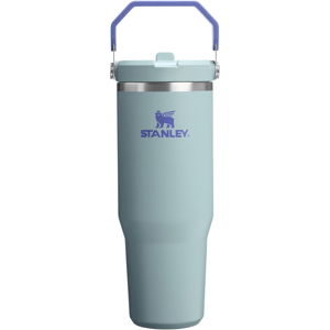 Light blue Stanley travel tumbler with purple logo, featuring a purple handle and secure lid.