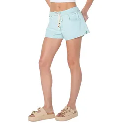 Light blue drawstring shorts paired with beige platform sandals featuring buckle details.