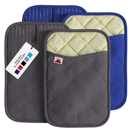 Set of quilted pot holders, featuring a grey front with a pocket and diamond pattern, and a blue one with stripes. Available in various colors.