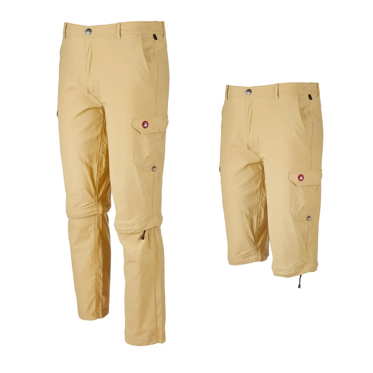 Beige convertible cargo pants with side pockets and a red button detail, displayed in two views with rolled-up and full-length legs.