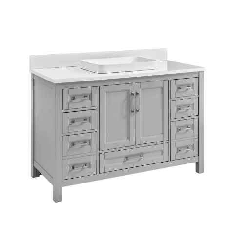 A gray bathroom vanity with a rectangular sink, nine drawers, and two center cabinet doors, featuring a white countertop.