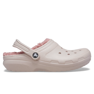 Fuzzy-lined pink Crocs clog with ventilation holes and an adjustable heel strap.