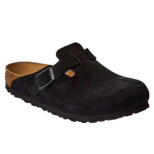 A black suede clog with a buckle strap and a cork footbed, featuring a rubber sole for comfort and support.
