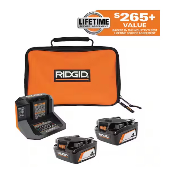 Two RIDGID rechargeable battery packs with a charger and a carrying case, advertising a lifetime service agreement worth over $265.