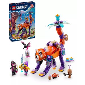 LEGO DREAMZzz set featuring a colorful animal with purple and orange elements, along with three minifigures and accessories. The set includes 328 pieces and is designed for ages 8 and up.