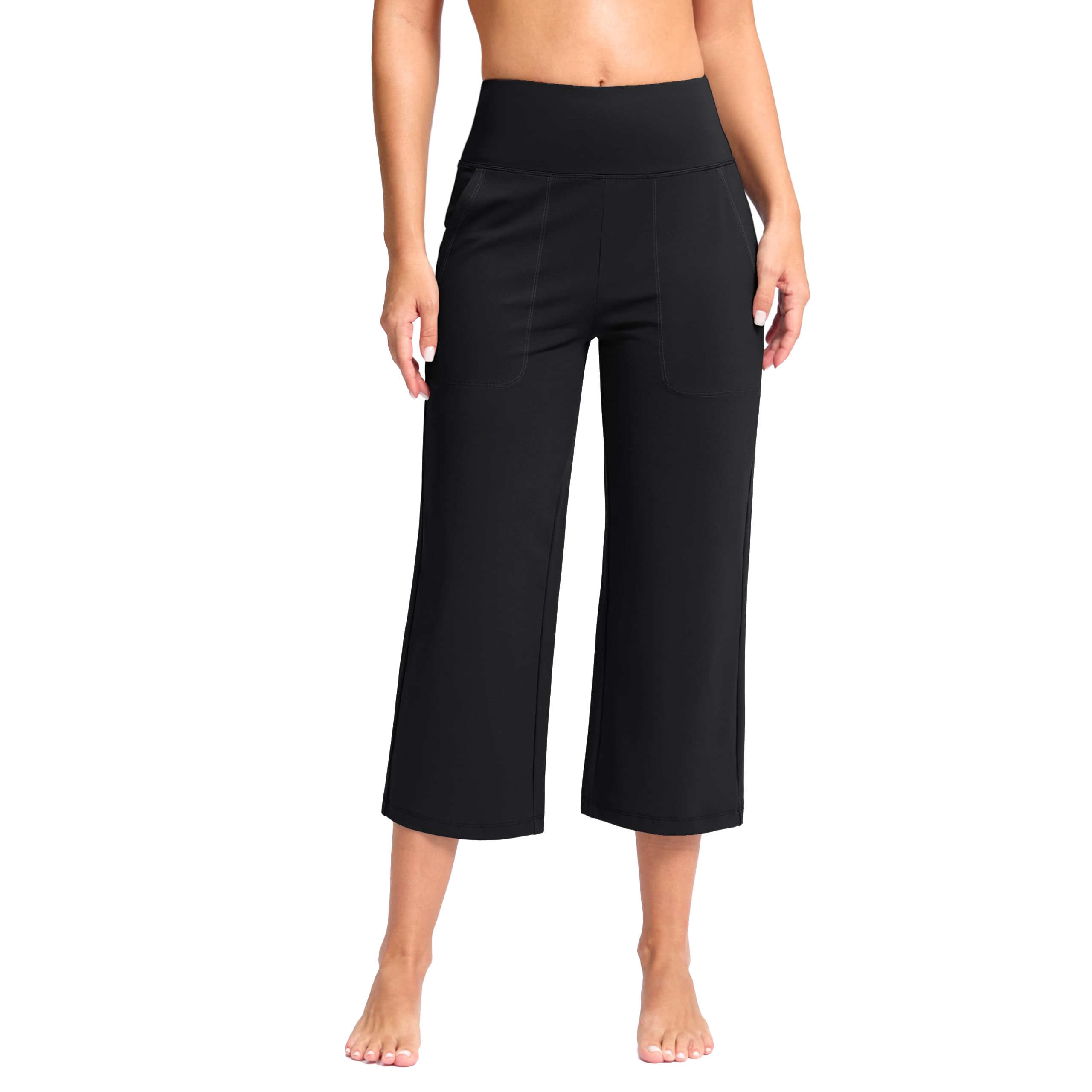 Black cropped wide-leg pants with a high waistband and front pockets.