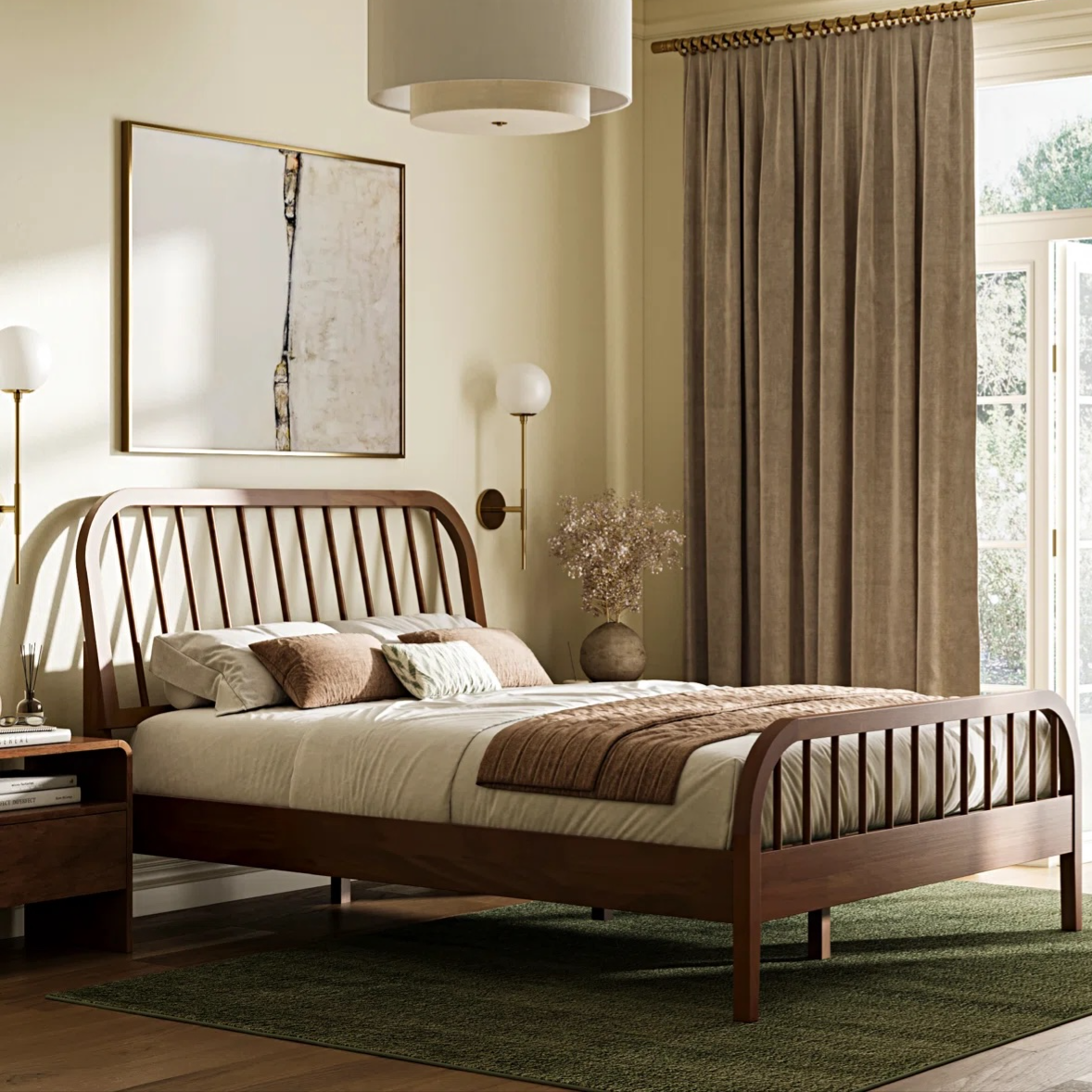 A bedroom features a wooden bed with a slatted head and footboard, dressed in neutral bedding. The room includes a modern chandelier, abstract wall art, matching wall sconces, beige curtains, a wooden nightstand, and a green area rug.
