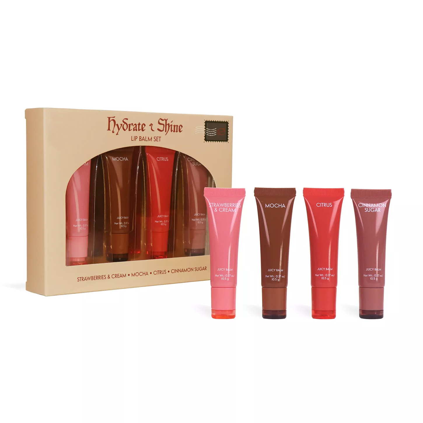 Hydrate & Shine Lip Balm Set includes four flavors: Strawberries & Cream, Mocha, Citrus, and Cinnamon Sugar. Each tube contains 0.6 oz.