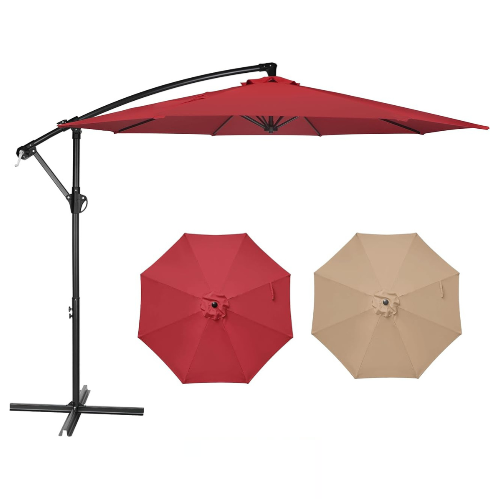 A cantilever patio umbrella with a red canopy is displayed alongside a separate red and a beige canopy, all featuring an octagonal shape and crank lift mechanism.