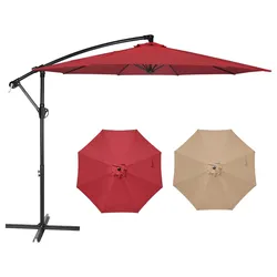 A cantilever patio umbrella with a red canopy is displayed alongside a separate red and a beige canopy, all featuring an octagonal shape and crank lift mechanism.