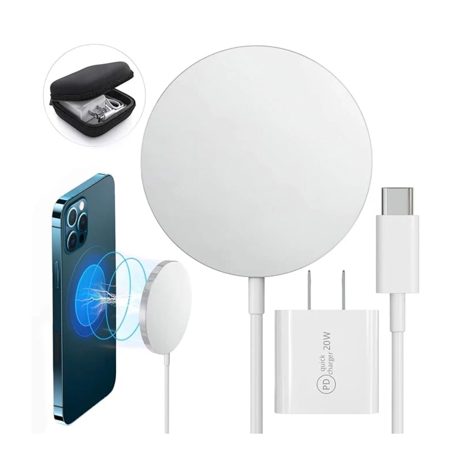 A smartphone, a wireless charging pad, a USB-C cable, a power adapter, and a carrying case for charging accessories.