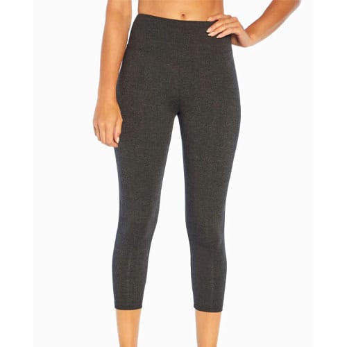 A pair of dark grey capri leggings with a high waistband.