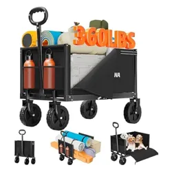 A foldable cart with large wheels and a handle, designed to carry up to 360 lbs, shown transporting camping gear and two dogs.