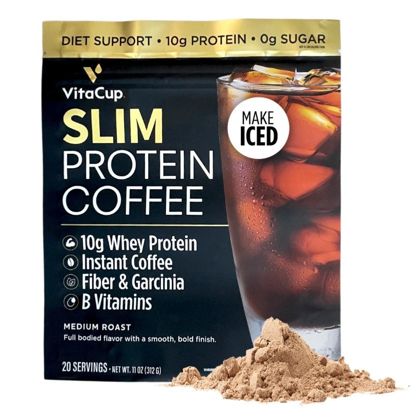 VitaCup Slim Protein Coffee is an instant coffee with 10g whey protein, fiber, garcinia, and B vitamins, featuring zero sugar and designed for iced preparation. Package: 11 oz (312 g), 20 servings, medium roast.