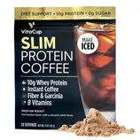 VitaCup Slim Protein Coffee is an instant coffee with 10g whey protein, fiber, garcinia, and B vitamins, featuring zero sugar and designed for iced preparation. Package: 11 oz (312 g), 20 servings, medium roast.