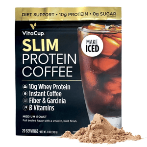 VitaCup Slim Protein Coffee is an instant coffee with 10g whey protein, fiber, garcinia, and B vitamins, featuring zero sugar and designed for iced preparation. Package: 11 oz (312 g), 20 servings, medium roast.