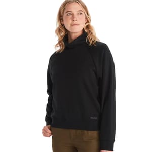 The Marmot Rowan Funnel Neck Hoody is a black long-sleeve pullover featuring a relaxed fit with a funnel neck design, paired with brown pants. It is made for casual and comfortable wear.
