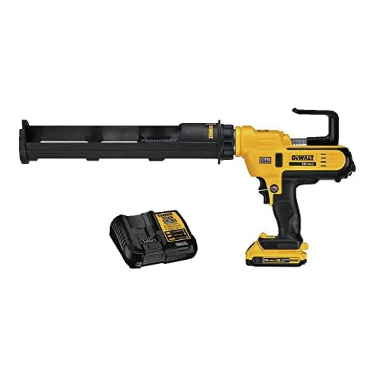 A DeWalt cordless caulking gun with a rechargeable battery pack and charging station.