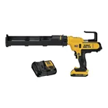 A DeWalt cordless caulking gun with a rechargeable battery pack and charging station.