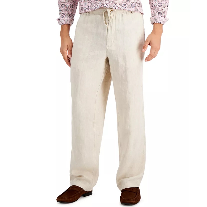Club Room Men's 100% Linen Pants in khaki are lightweight and feature a drawstring waist with a relaxed, straight-leg fit, perfect for casual or summer wear.