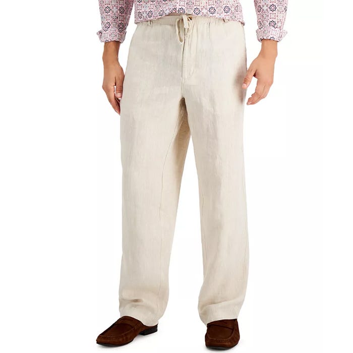 Club Room Men's 100% Linen Pants in khaki are lightweight and feature a drawstring waist with a relaxed, straight-leg fit, perfect for casual or summer wear.