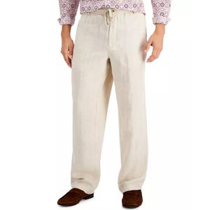 Club Room Men's 100% Linen Pants in khaki are lightweight and feature a drawstring waist with a relaxed, straight-leg fit, perfect for casual or summer wear.
