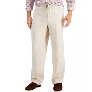 Club Room Men's 100% Linen Pants in khaki are lightweight and feature a drawstring waist with a relaxed, straight-leg fit, perfect for casual or summer wear.