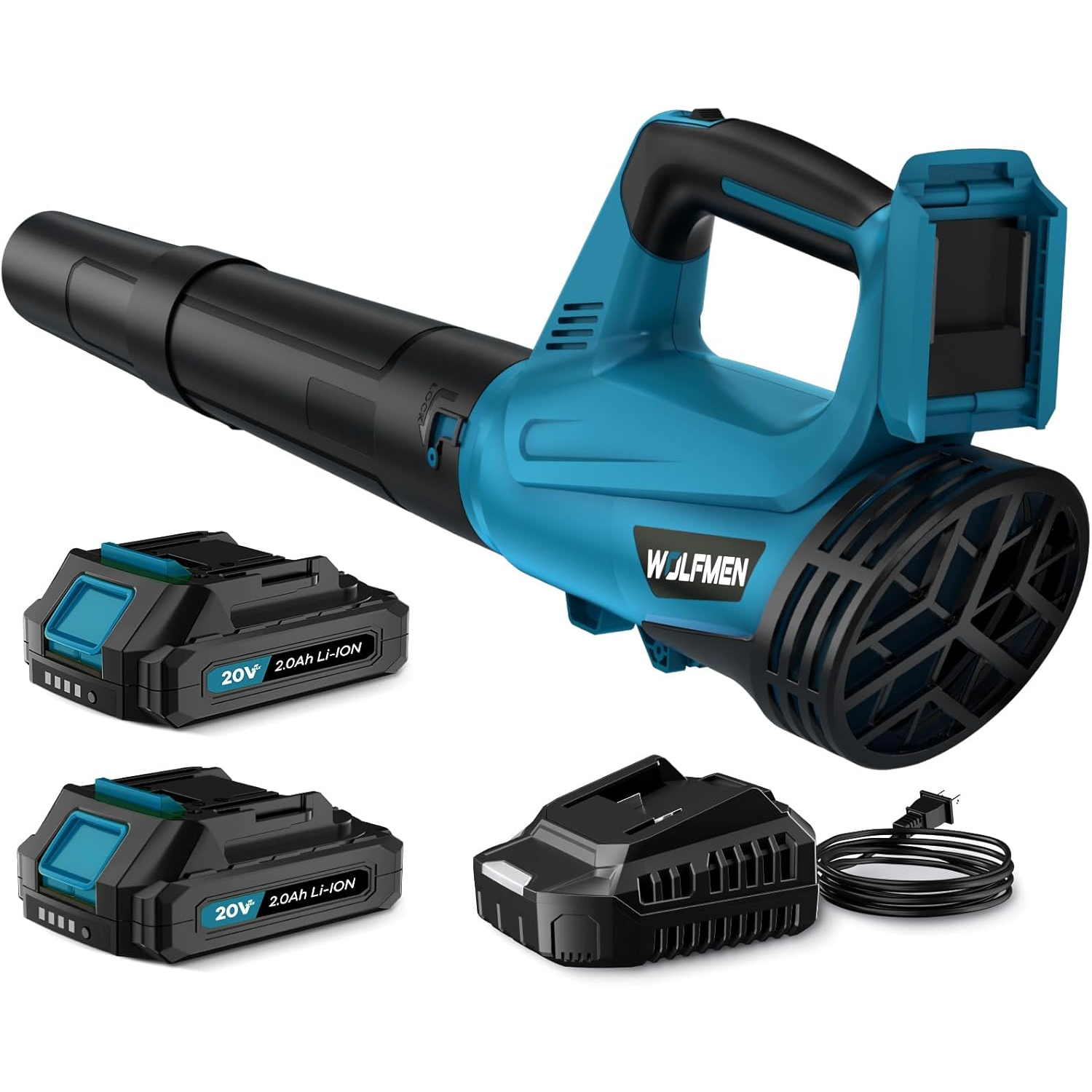 Blue cordless leaf blower with two 20V 2.0Ah Li-Ion batteries and a charger.