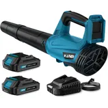 Blue cordless leaf blower with two 20V 2.0Ah Li-Ion batteries and a charger.