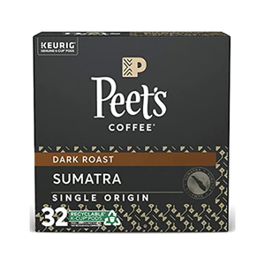 Peet's Coffee Dark Roast Sumatra Single Origin in Keurig K-Cup pods, 32 count, recyclable.