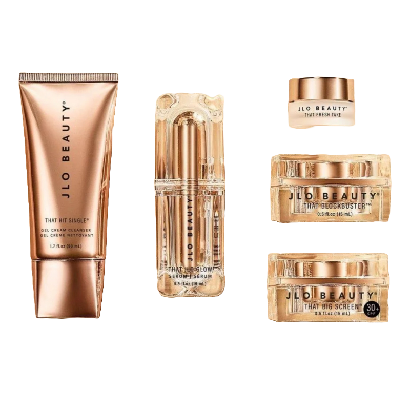 JLO Deluxe 5pc Kit includes: That Hit Single® Gel Cream Cleanser (1.7 fl oz), That JLo Glow Serum (0.5 fl oz), That Fresh Take Eye Cream (0.5 fl oz), That Blockbuster Wonder Cream (0.5 fl oz), and That Big Screen SPF 30 Moisturizer (0.5 fl oz).
