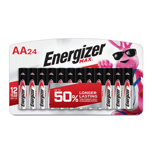 Energizer Max AA24 batteries with a 12-year shelf life and claim of up to 50% longer lasting performance. Includes image of a pink character wearing sunglasses.