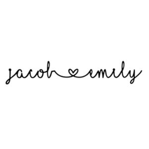 A personalized sign featuring the names \“jacob\“ and \“emily\“ in a cursive font, connected with a heart symbol in the middle.