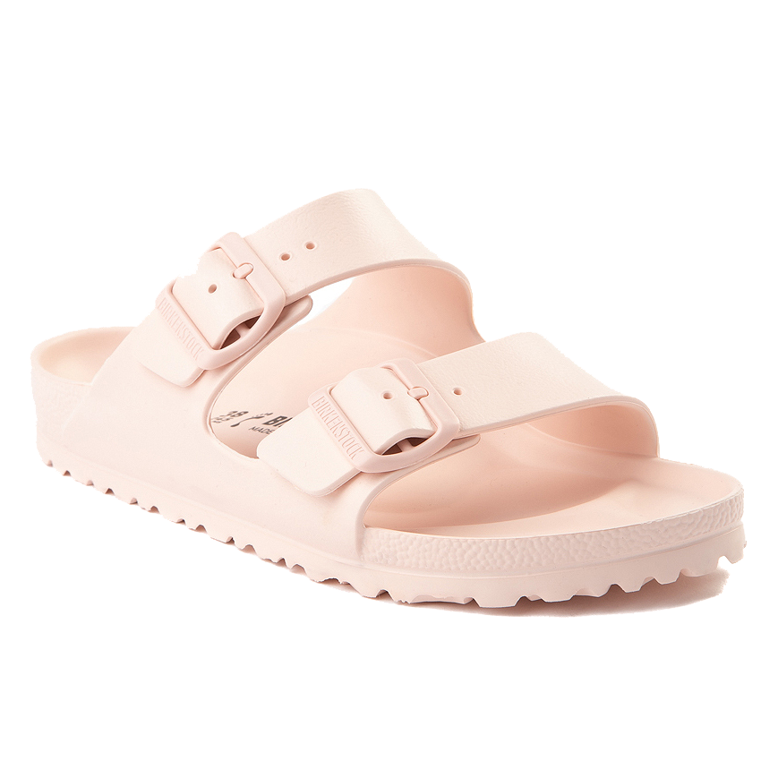 Light pink Birkenstock EVA sandals with two adjustable straps and textured soles for added grip.