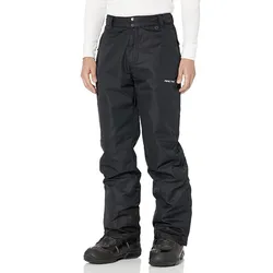 Black snow pants with a logo on the right thigh, worn with black winter boots.