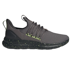 Gray sneaker with a textured mesh upper, featuring lime green speckles on the black sole and laces, and heel and tongue pull tabs.