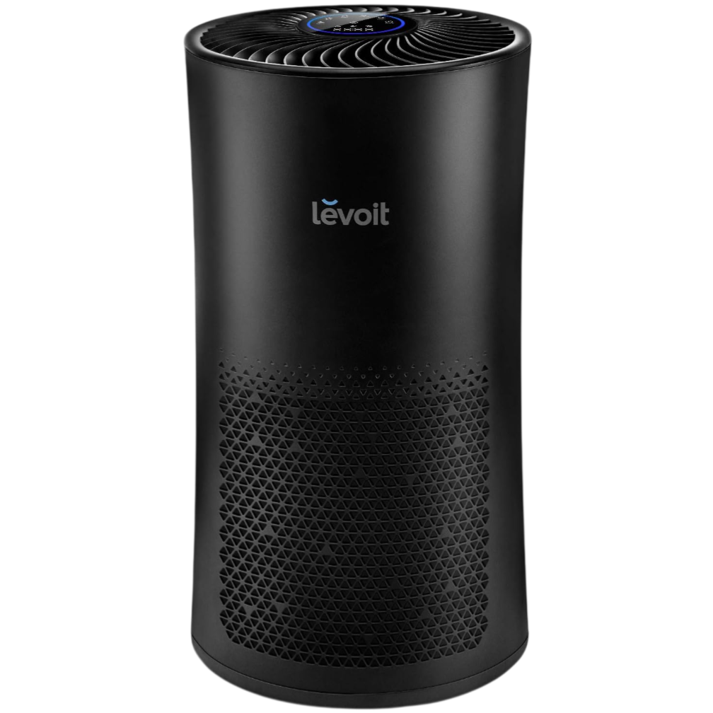 A black Levoit air purifier with a cylindrical design, featuring a digital display on top and a perforated lower section for air intake.