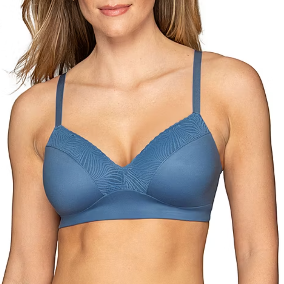 A blue bra with thin adjustable straps and a subtle patterned design on the cups.