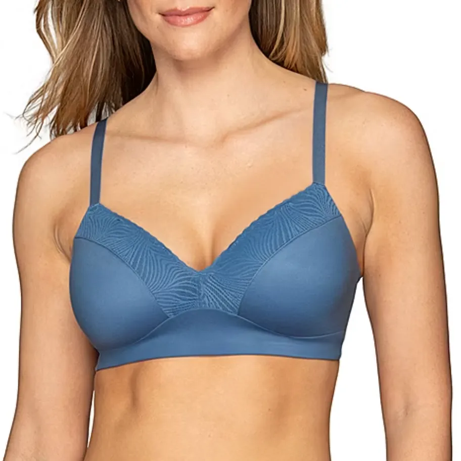 A blue bra with thin adjustable straps and a subtle patterned design on the cups.