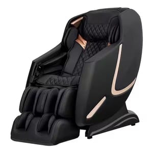 A black massage chair with golden accents, featuring quilted upholstery, a reclining seat, and multiple massage pads for back, arms, and legs.