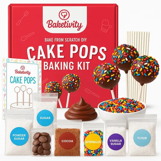 Baketivity Cake Pops Baking Kit with ingredients like sugar, cocoa, flour, vanilla sugar, powdered sugar, sprinkles, chocolate disks, and sticks. Includes an instruction booklet.
