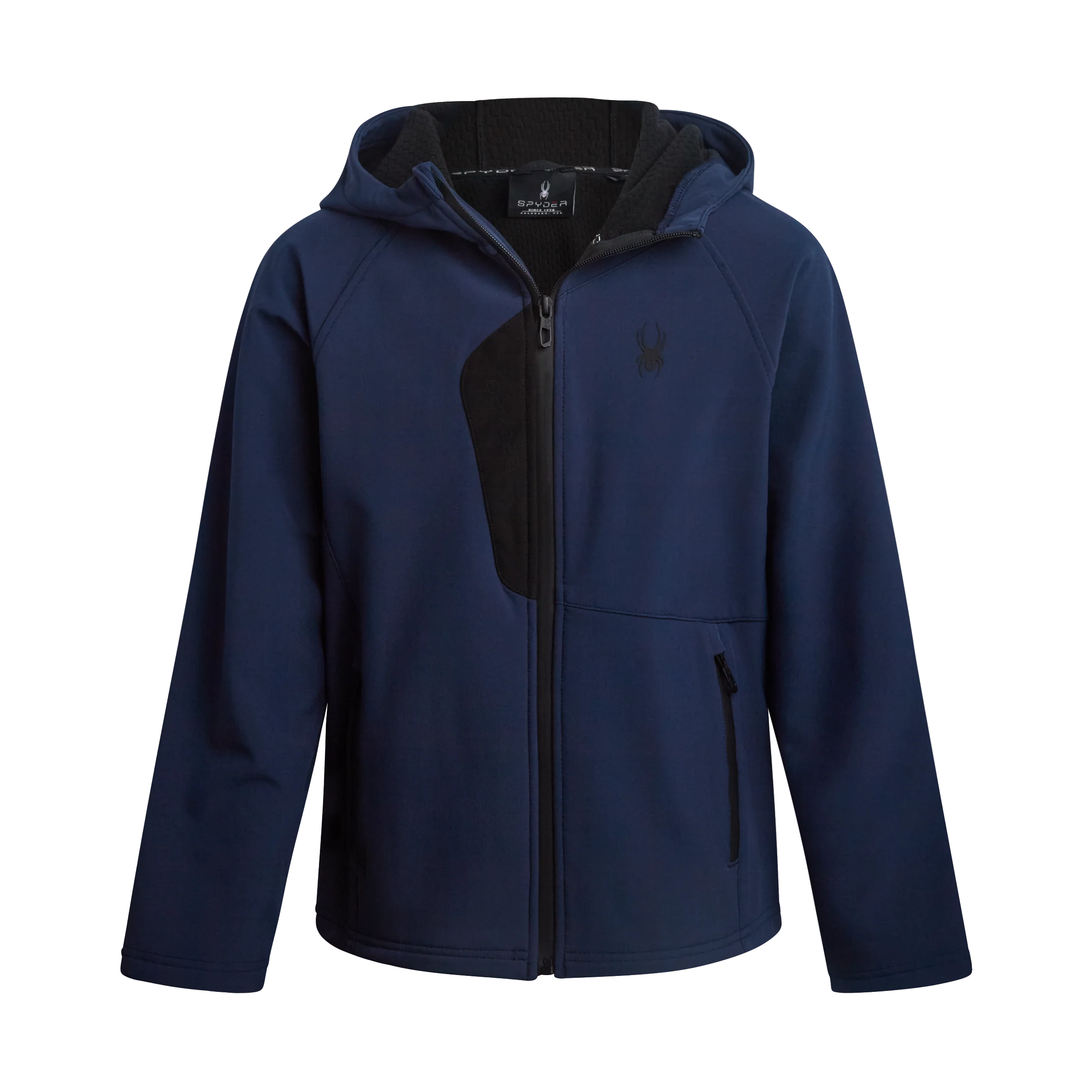 A blue softshell jacket with a hood, zippered front, and subtle black accent on the chest. The Spyder logo is visible on the chest.